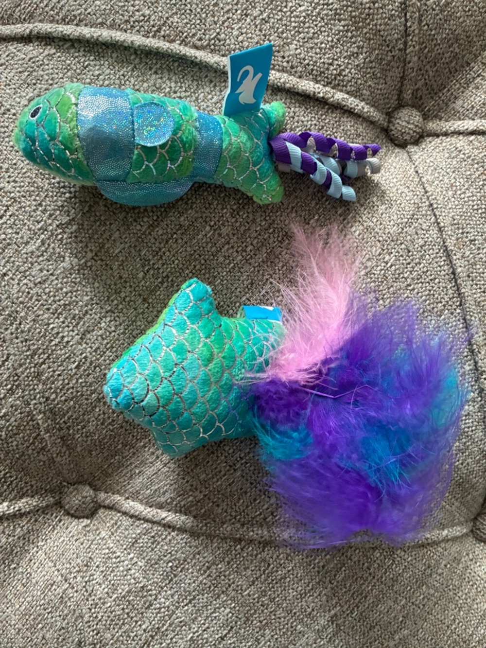 💜🩷Oversized Sparkly Mermaid Pet Toys in Teal with Purple & Pink Feathers🩷💜